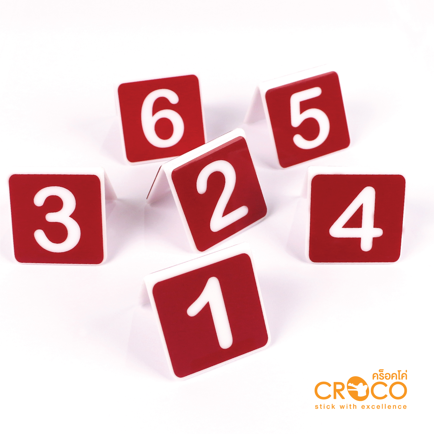 ป้ายอะคริลิค ตัวเลข 1-10 สำหรับตั้งโต๊ะ 5x5 ซม. พื้นแดง ตัวเลขขาว